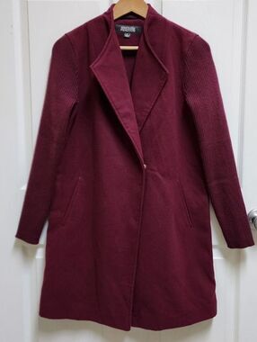 Kenneth Cole Reaction Women Ribbed Knit Sleeve Button Fleece Coat Sz M Burgandy